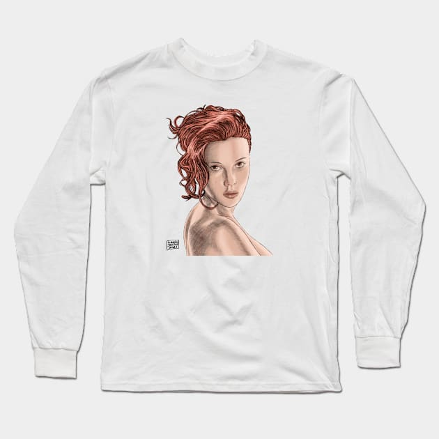 Scarlett Johansson sketch style with color Long Sleeve T-Shirt by monkycl